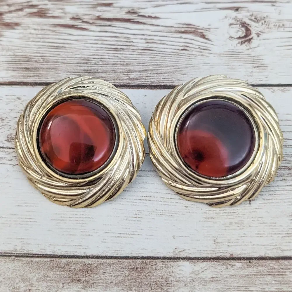 Vintage Clip On Earrings - Large Statement Redish with Gold Tone Halo
